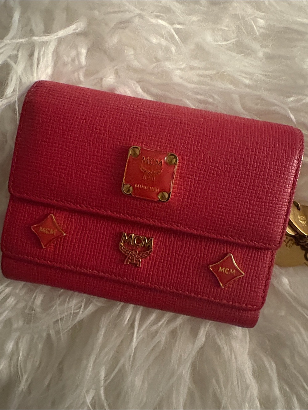 MCM Compact Hot Pink Textured Leather Trifold Wallet with Gold Charms - Picture 9 of 9